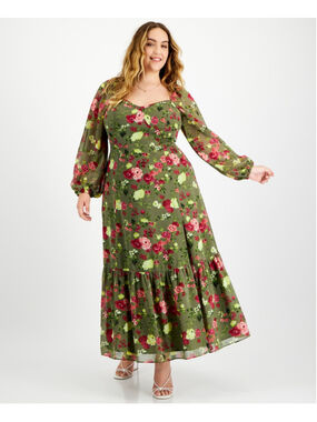 Bar III Plus Size 1X Green Floral Printed Bustier Side-Slit Maxi Dress NWT